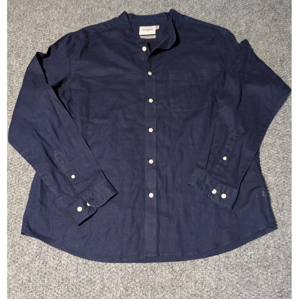 Goodfellow Men's Long Sleeve Linen Blend Band Collar Navy Blue Button up Size XL